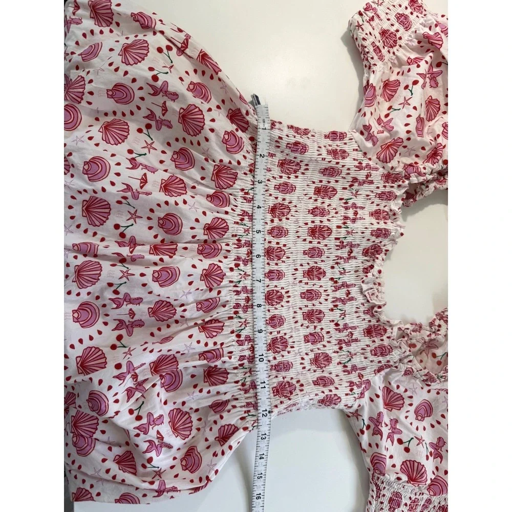Hill House Home Mermaid Nap Dress Pink‎ Red Seashell Smocked Puff Sleeve Boho XS